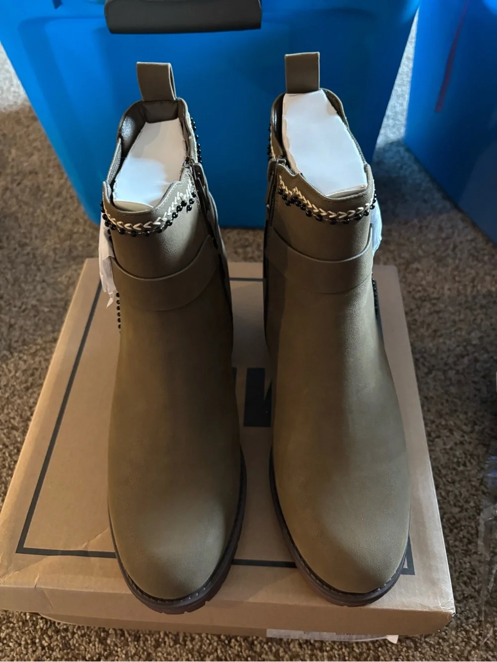 Women's Olive Chunky Ankle Heel Boots  with Decorative Trim. Size 9.